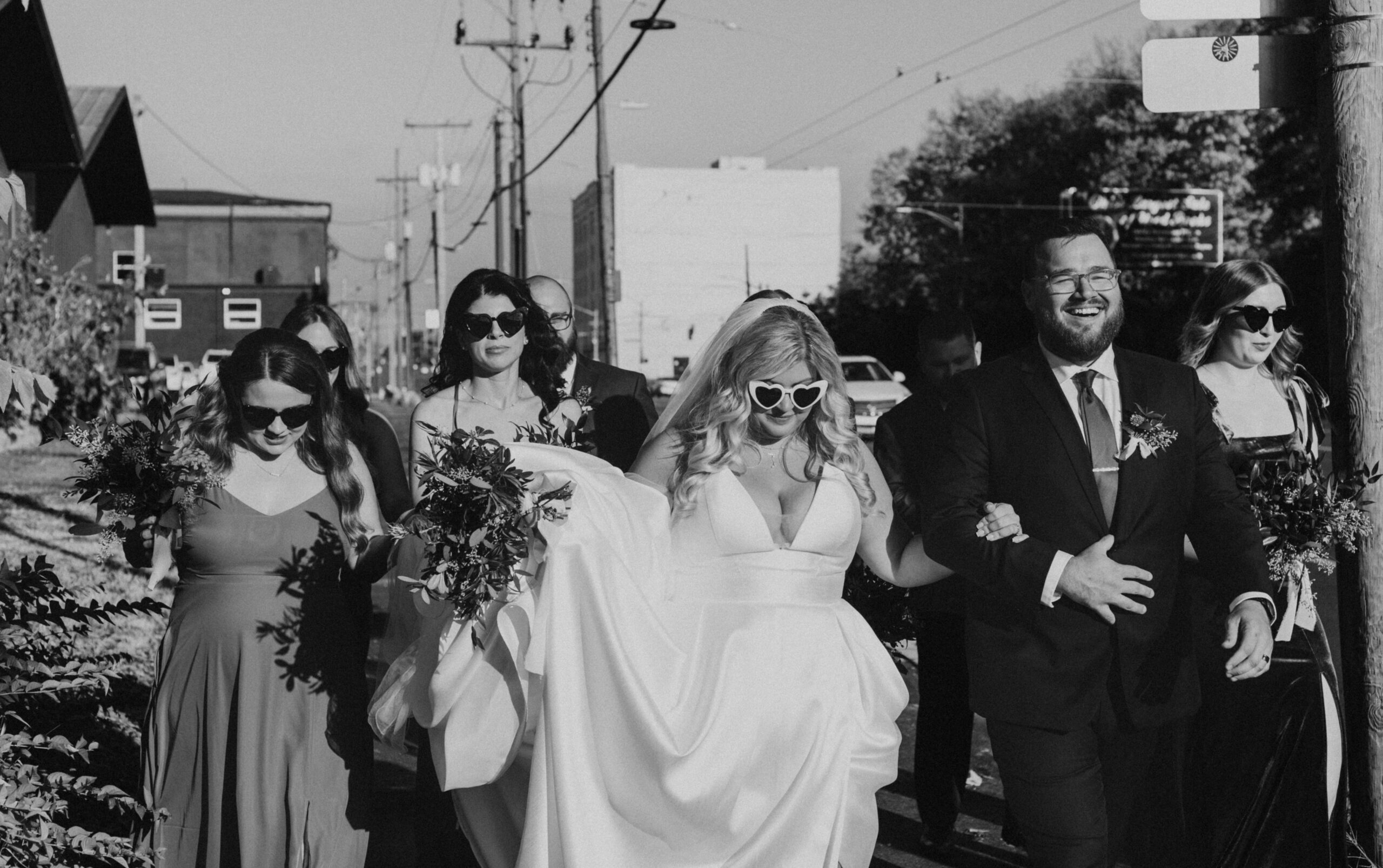 bridal party walking in downtown cincinnati